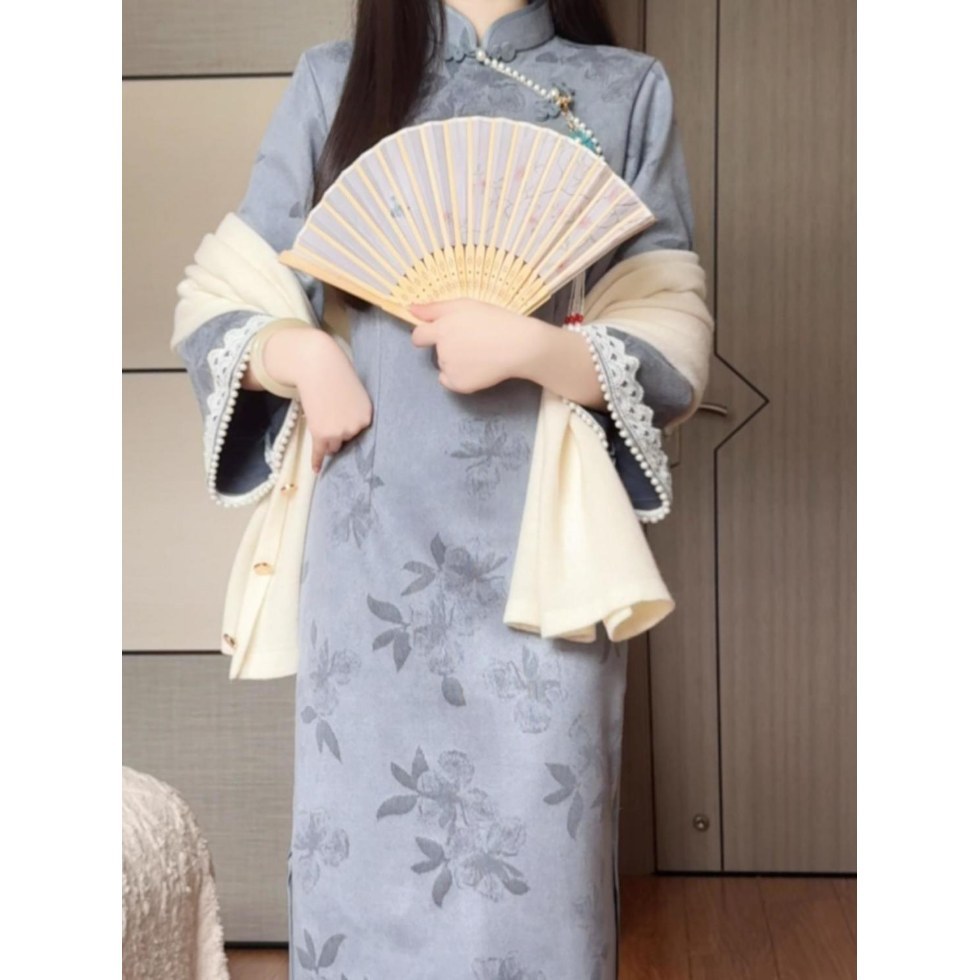 抹茶2025年春秋季新款麂皮绒倒大袖改良旗袍修身新中式淑女范长裙