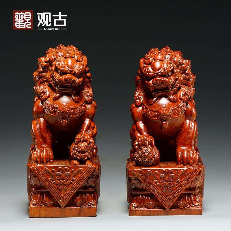 花梨木狮子雕刻一对北京狮摆件家居办公室装饰工艺品店铺开业送礼