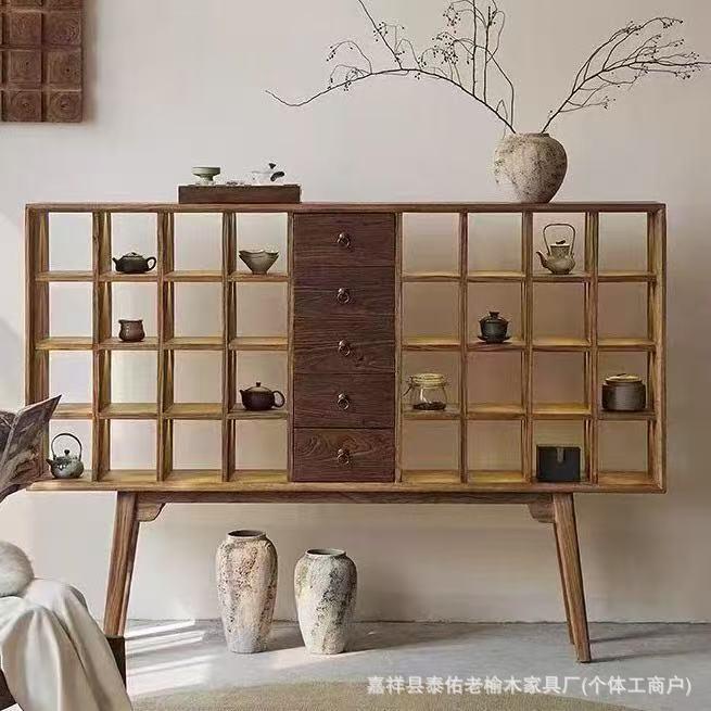 老榆木博古架落地式茶具收纳架实木做旧文瓷器建盏储物柜置物架