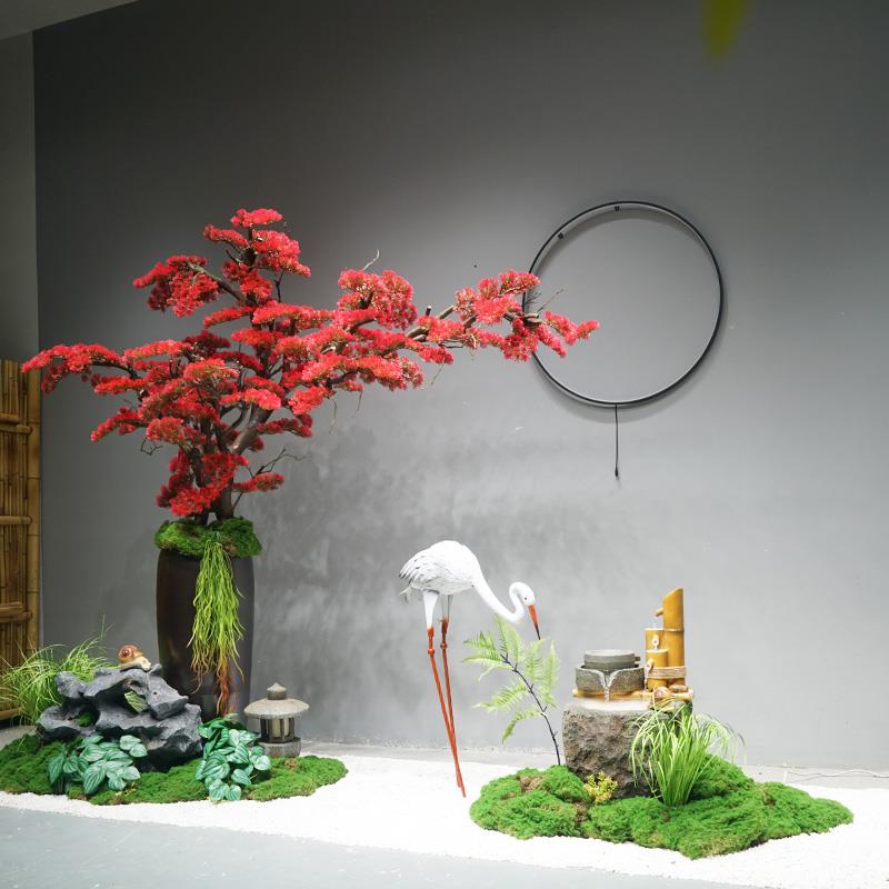 仿真红色松树景观带花瓶假太湖石绿植造景室内角落橱窗天井景观