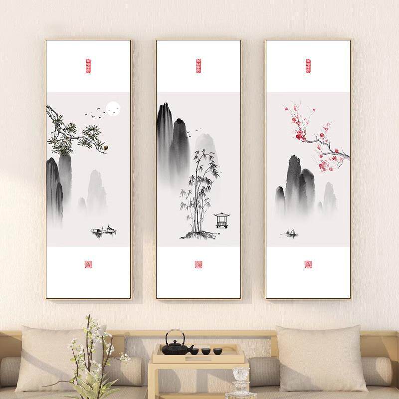 茶室客厅三联装饰画新中式松竹梅长条竖版壁画办公室风景山水挂画