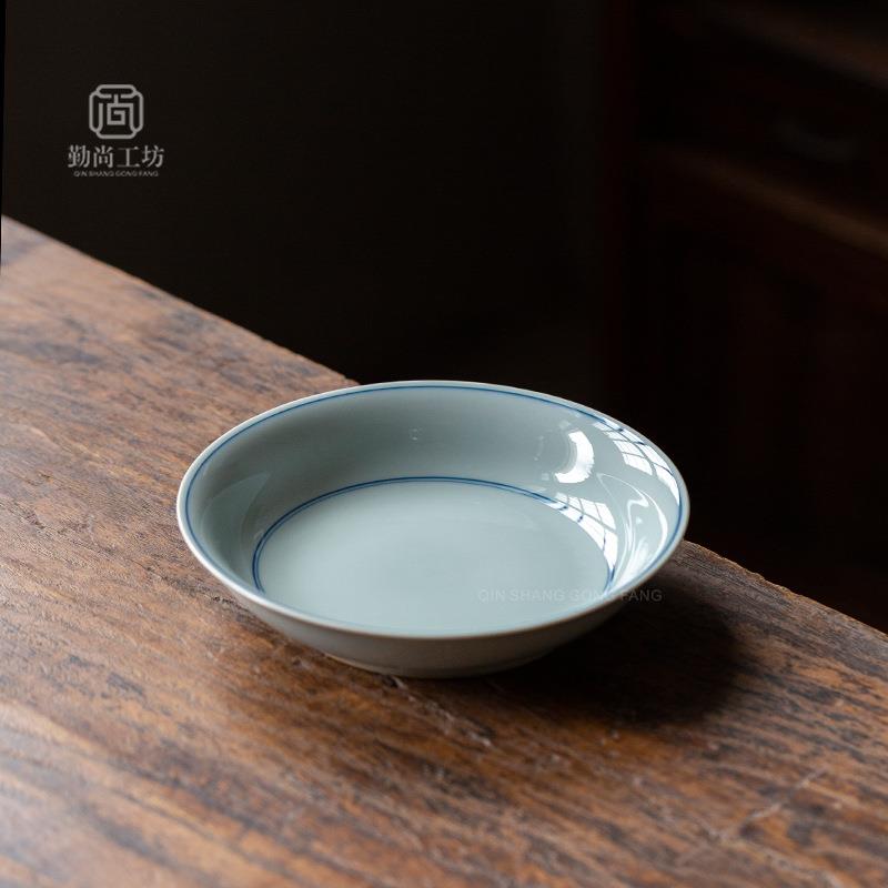 仿古青釉手绘玄纹壶承陶瓷茶道配件干泡盘盖碗底托家用茶点盘果盘