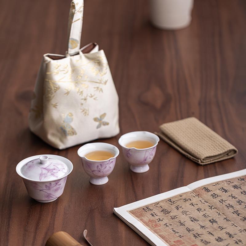 手绘暮紫兰心茶具套装便携茶壶盖碗旅行茶具女士户外高颜值快客杯