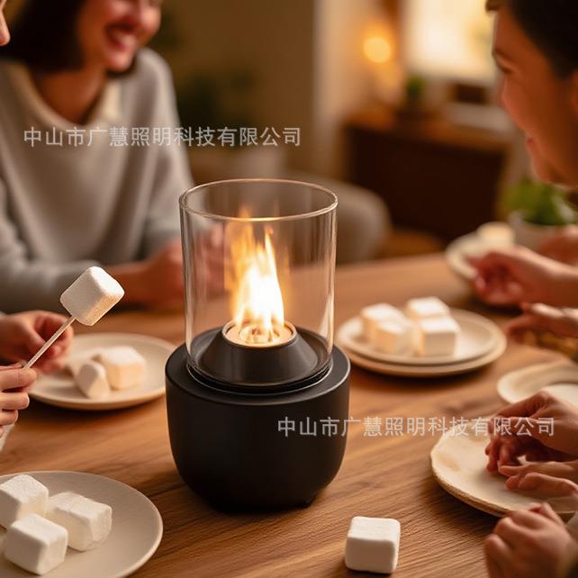 跨境圆形玻璃笔筒形状酒精壁炉室内户外便携圆形不锈钢桌面火炉