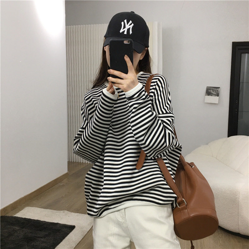 条纹卫衣女春季薄款韩版宽松纯棉早秋上衣oversize慵懒风休闲外套