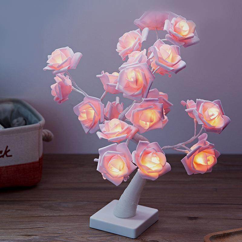 造型台灯少女心led房间摆件树灯LED小夜灯仿真玫瑰花造型台灯