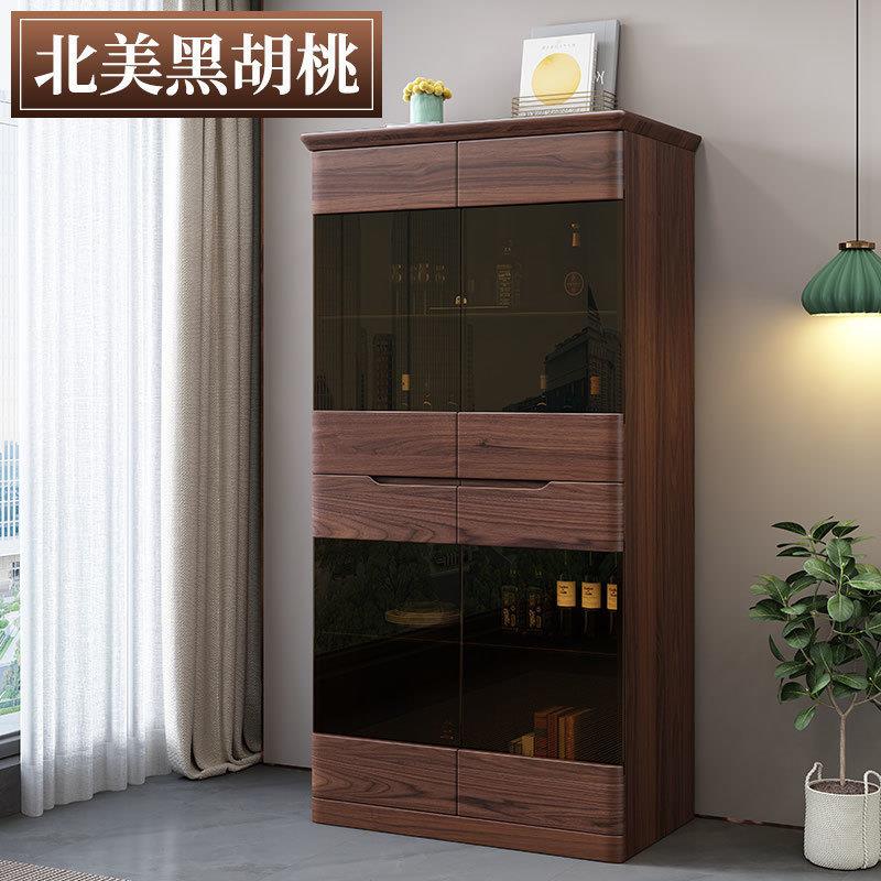黑胡桃木客厅酒柜靠墙简约风格实木展示柜置物电视柜边玻璃门酒柜