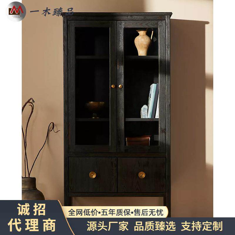 美式轻奢实木书柜儿童落地书架黑色储物玻璃门酒柜装饰柜储物酒柜
