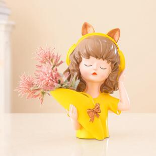 北欧创意轻奢音乐女孩花瓶树脂工艺品家居桌面装饰品花盆插花摆件
