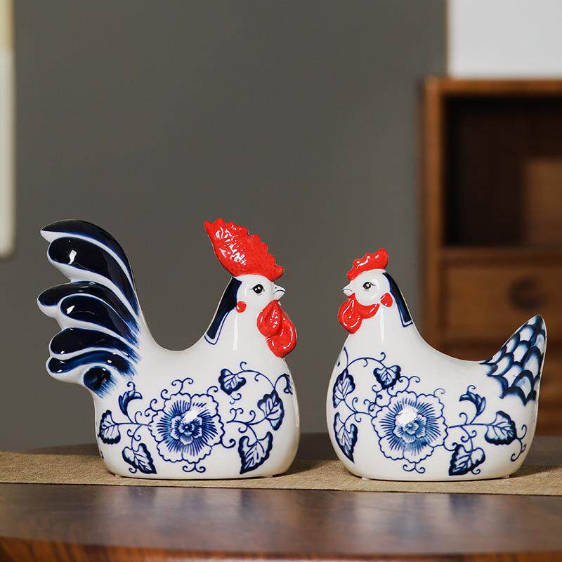 新品青花瓷陶瓷对鸡摆件客厅饰品陶瓷摆件吉祥鸡中式可爱对鸡摆件