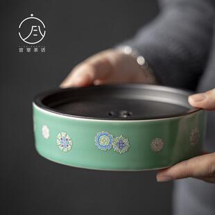 松石绿釉皮球花锡盖壶承储水茶盘建水圆形手工蓄水干泡盘茶道配件