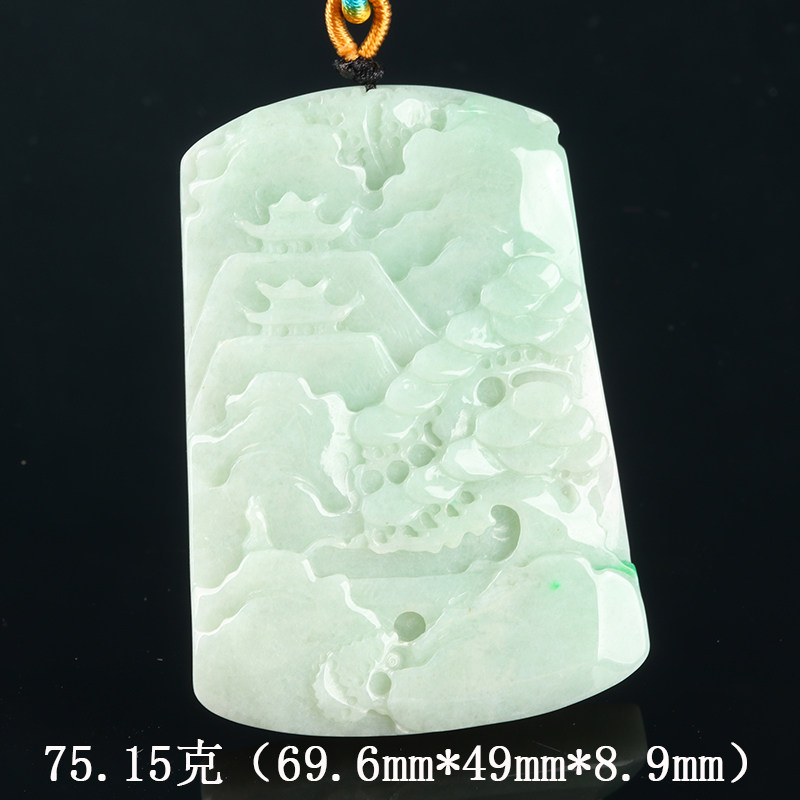 欧说珠宝冰糯春带彩翡翠山水牌