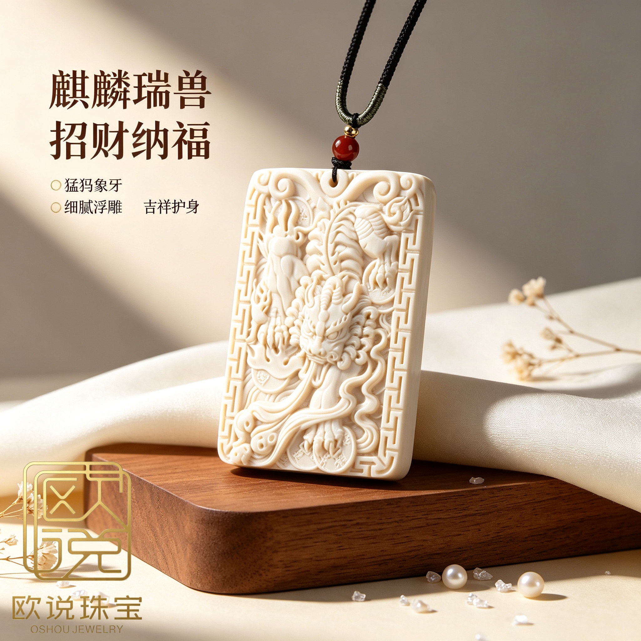 欧说珠宝猛犸象牙麒麟精雕项链