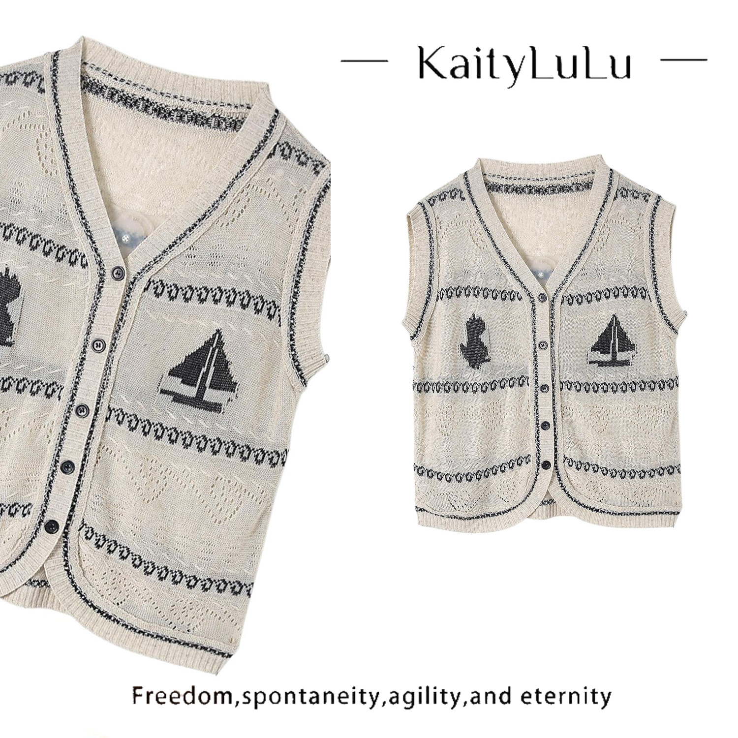 KaityLuLu【白茶珍珠】复古简约针织马甲KT528W38