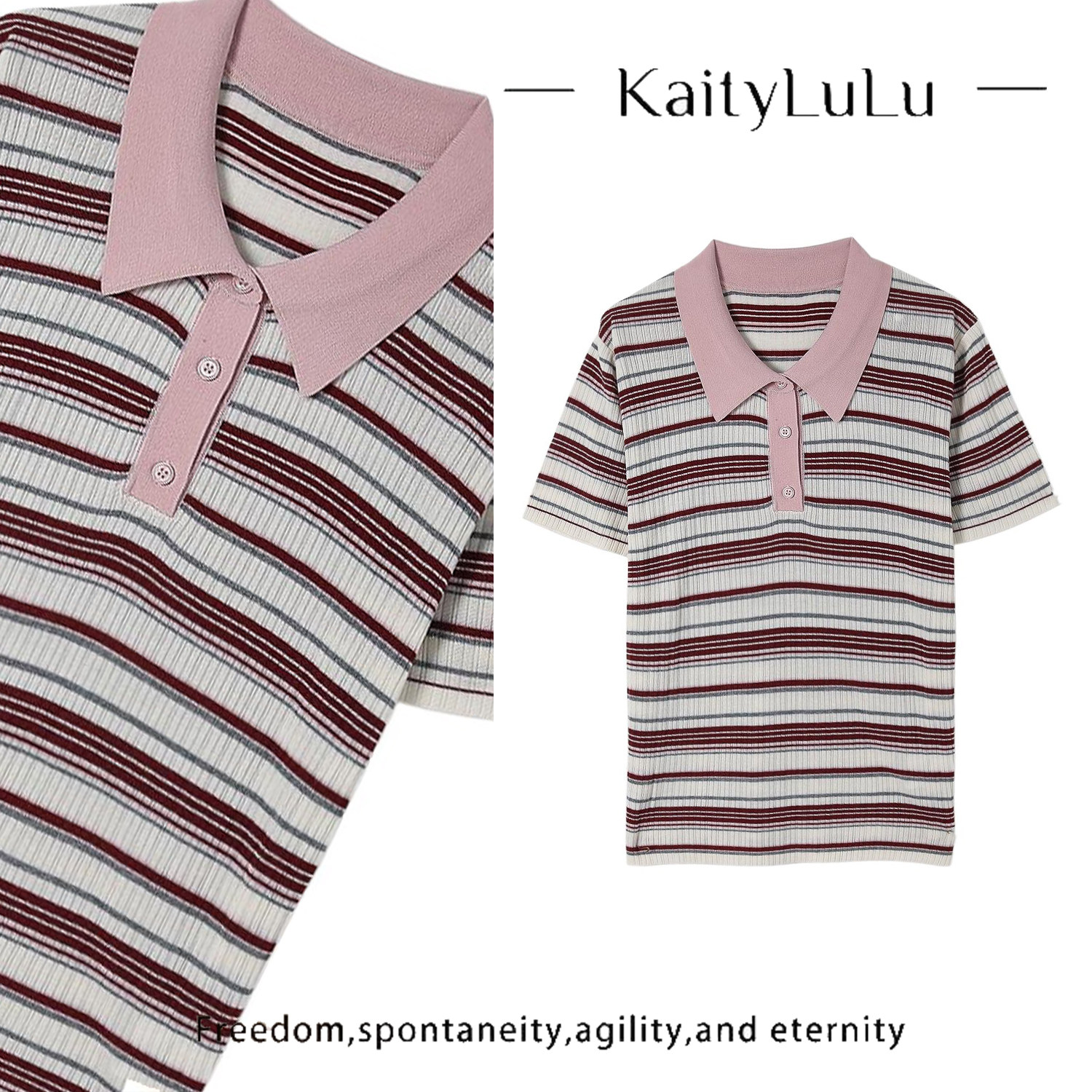 KaityLuLu【落落大方】翻领条纹针织套头上衣KT528X62