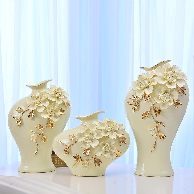欧式高档陶瓷花瓶描金玫瑰花工艺品精美卧室客厅家居装饰品摆件