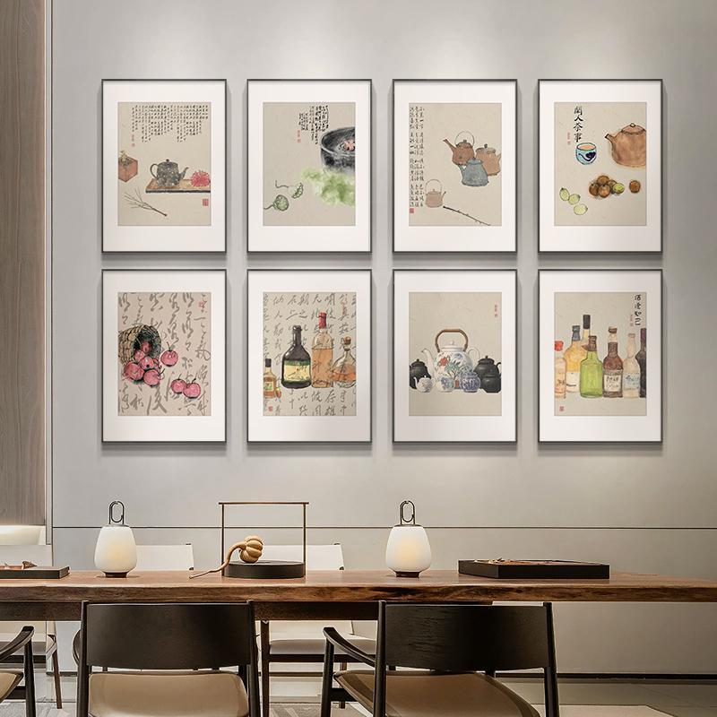 茶具酒瓶组合装饰画新中式茶室挂画原木民宿酒馆壁画多幅禅意字画
