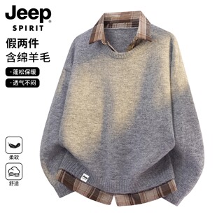 JEEP SPIRIT假两件针织衫男女冬季新款青少年毛衣男士羊毛衫上衣