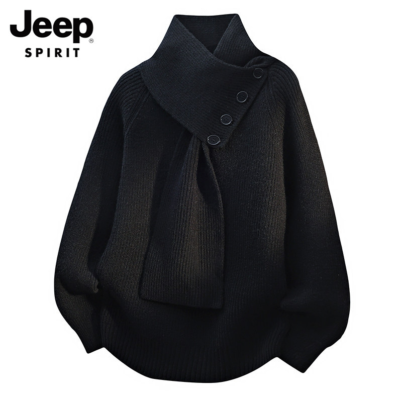 JEEP SPIRIT高领毛衣男女围巾针织衫外套秋冬宽松加厚套头打底衫