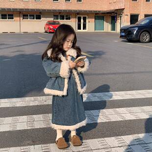 2026新款女童秋冬款气质复古牛仔兔毛内里毛毛外套+牛仔加绒