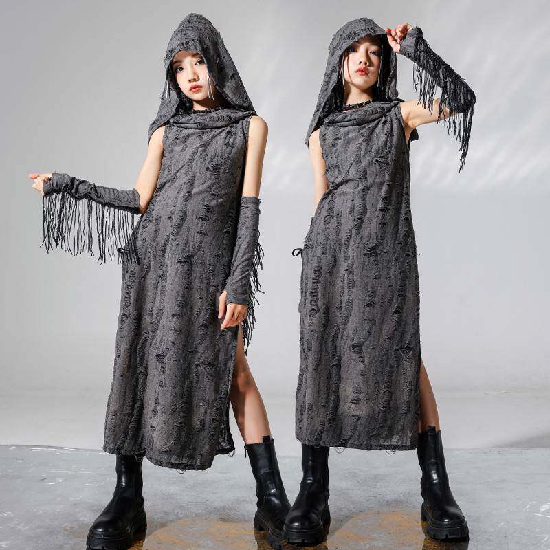 2026新款爵士舞女童服装暗黑朋克风无袖背心长款走秀潮服儿童街舞