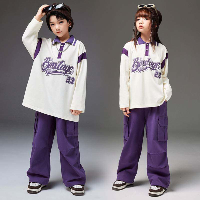 2026新款街舞儿童潮服嘻哈紫色卫衣男童套装hiphop童装演出