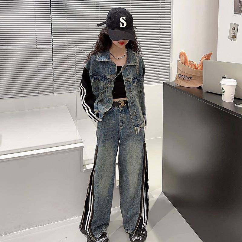 2026新款女童牛仔阔腿裤套装春秋潮洋气大童春装休闲儿童衣服