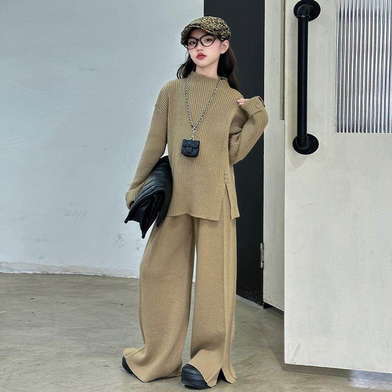 2026新款女童套装秋冬款女大童韩版时尚开叉毛衣宽松阔腿裤两