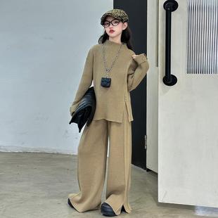 2026新款女童套装秋冬款女大童韩版时尚开叉毛衣宽松阔腿裤两