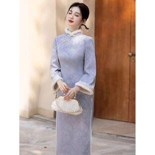 2026新款加绒加厚冬装蓝色倒大袖长款改良旗袍轻款女复古日常