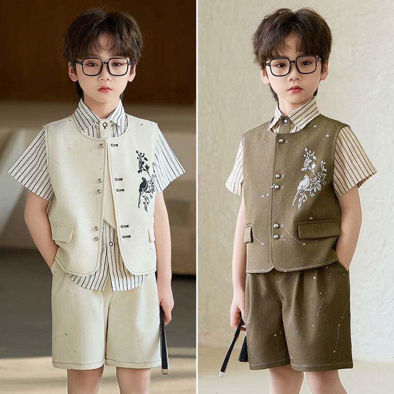 2026新款儿童西装春夏花童周岁礼服国风刺绣马甲套装男童新中式主