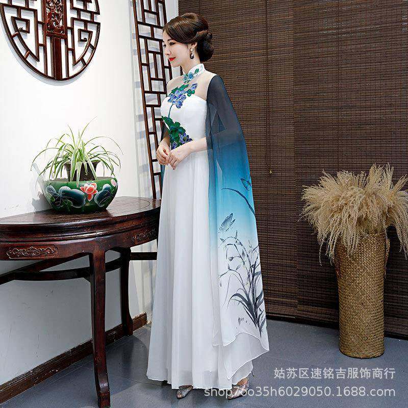 2026新款大合唱团礼服中国风显瘦旗袍长款晚装主持礼仪表演走