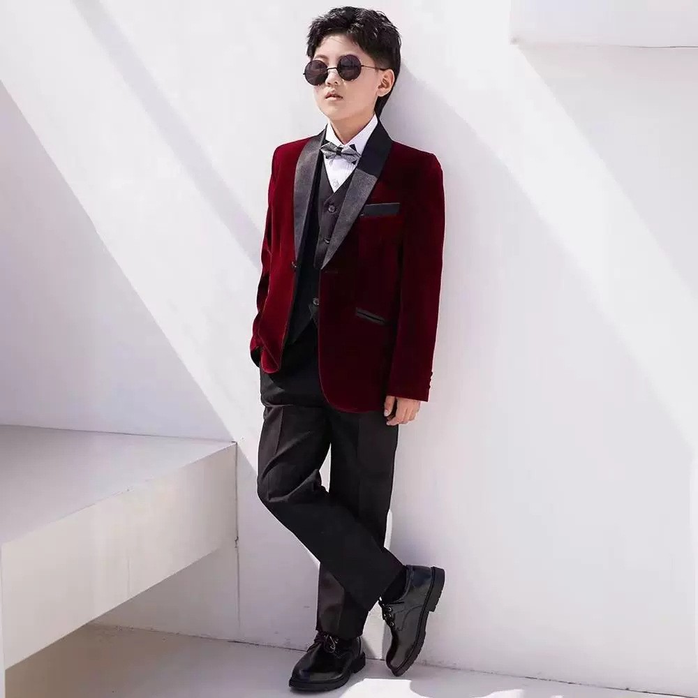 2026新款儿童西装套装男童礼服红色丝绒中大童钢琴演出服英伦风正