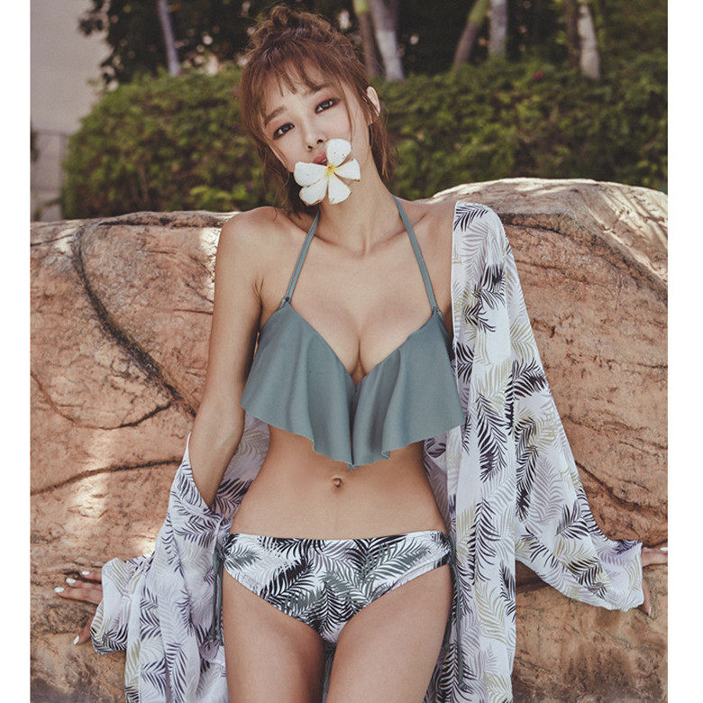 2026新款小碎花比基尼三件套泳衣女生小胸钢托聚拢款透明罩衫吊带