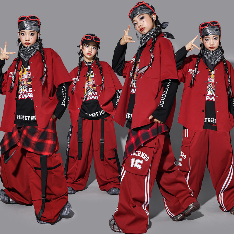 2026新款儿童红色hiphop街舞演出服少儿嘻哈套装男童架子鼓