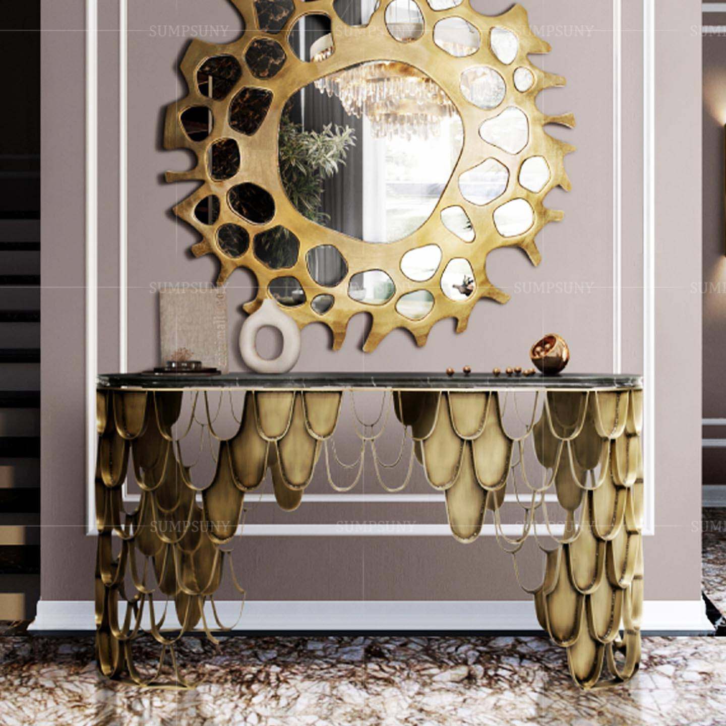 意式轻奢大理石玄关台入户端景台现代高级感艺术鱼鳞不锈钢玄关桌,住宅家具,玄关台,淘宝优惠券,粉丝福利购,淘宝优惠卷