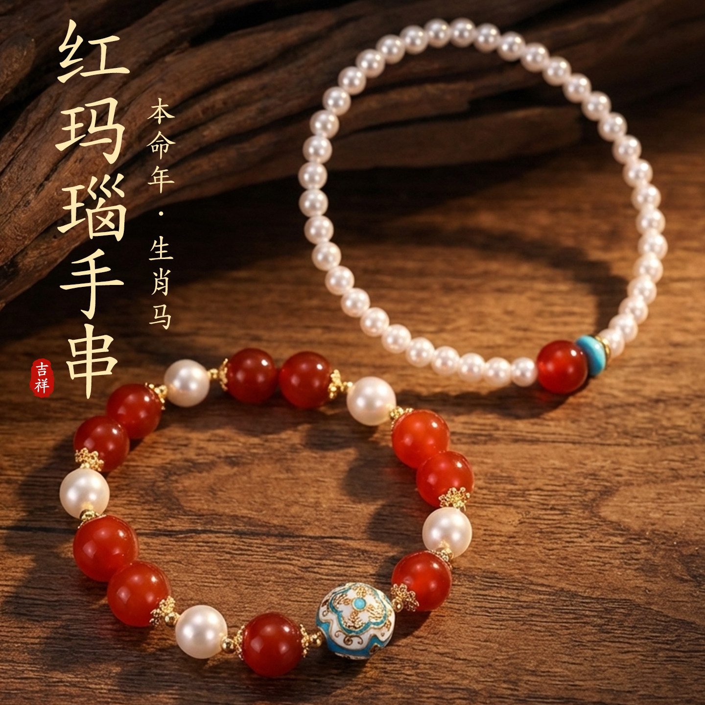 马年红玛瑙施家珍珠圈口可定制手链串珠女轻奢高级情侣手串手饰