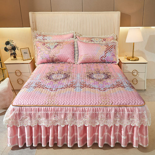 2023新款冰丝凉席三件套可拆卸水洗床裙款加厚席夏季空调席子折叠