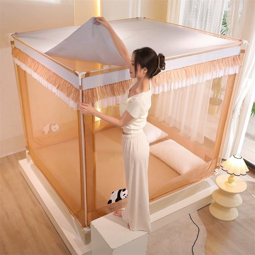 防尘顶外穿杆防摔坐床蚊帐三开门卧室方帐加密加厚自连接烤漆支架