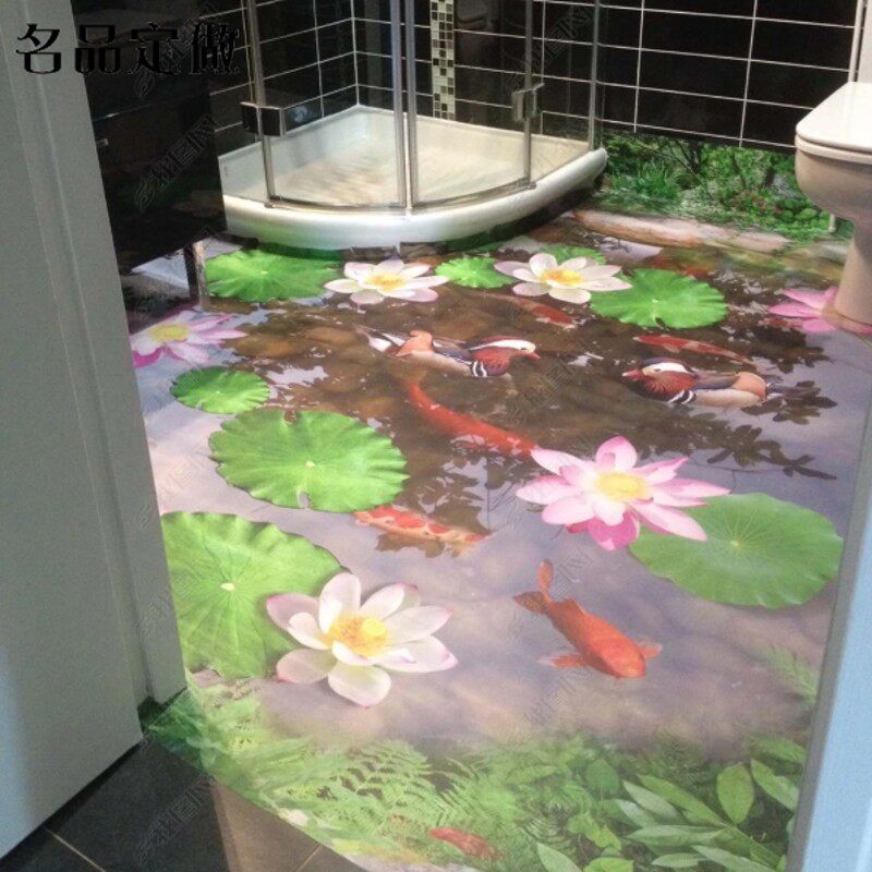 定做3d立体地板革地贴客厅卧室地面装饰地砖地板贴画贴纸荷花鱼