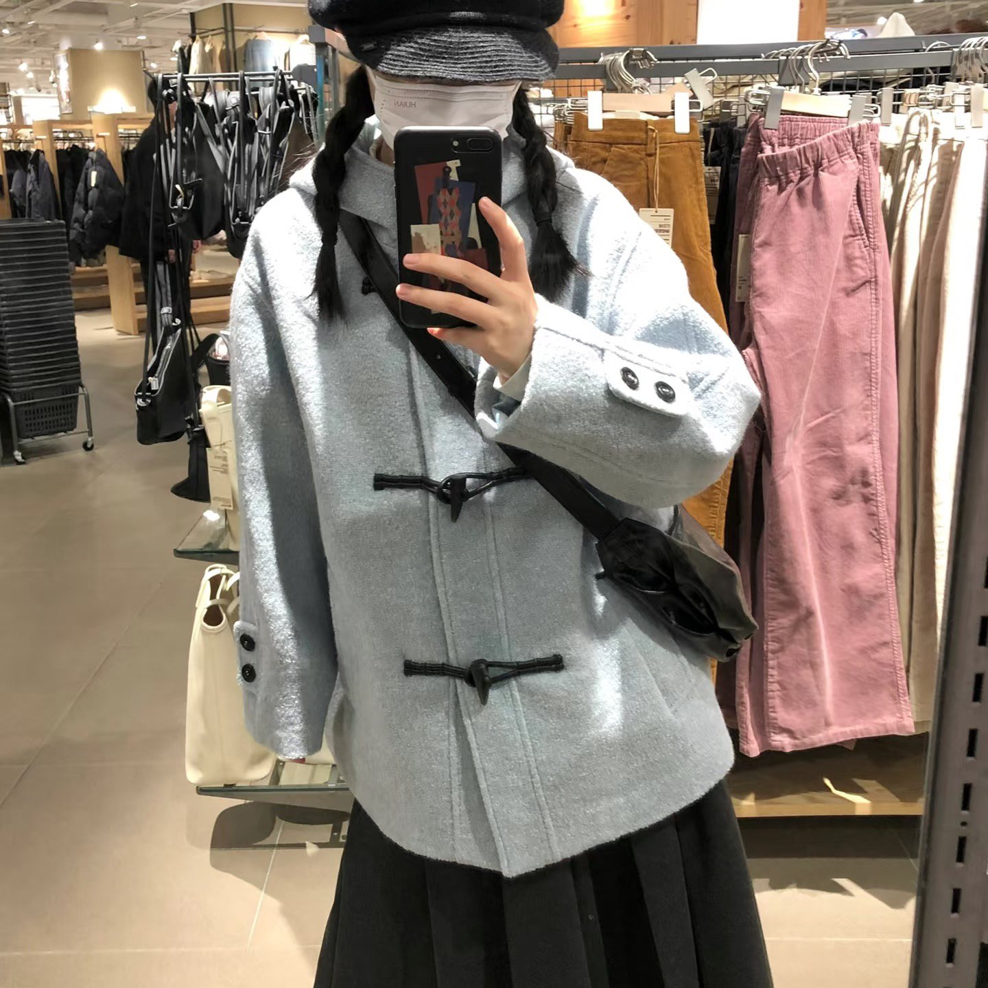 雾蓝色牛角扣毛呢外套宽松连帽呢子大衣高级感百搭灰色半裙套装