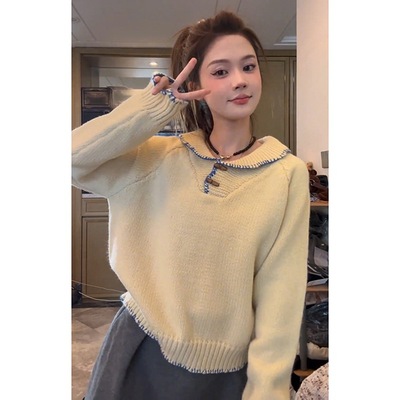 奶黄色减龄牛角扣娃娃领套头毛衣女秋冬慵懒风软糯浣熊绒针织上衣