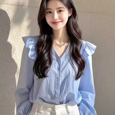 蓝色荷叶边宽松长袖衬衫女冷淡系高级感多巴胺上衣2024秋季新款