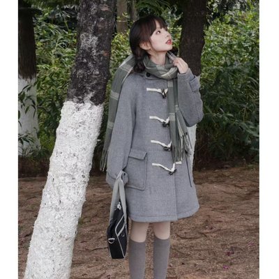 灰色牛角扣大衣女冬连帽jk加厚小个子毛呢外套jk学院风呢子大衣