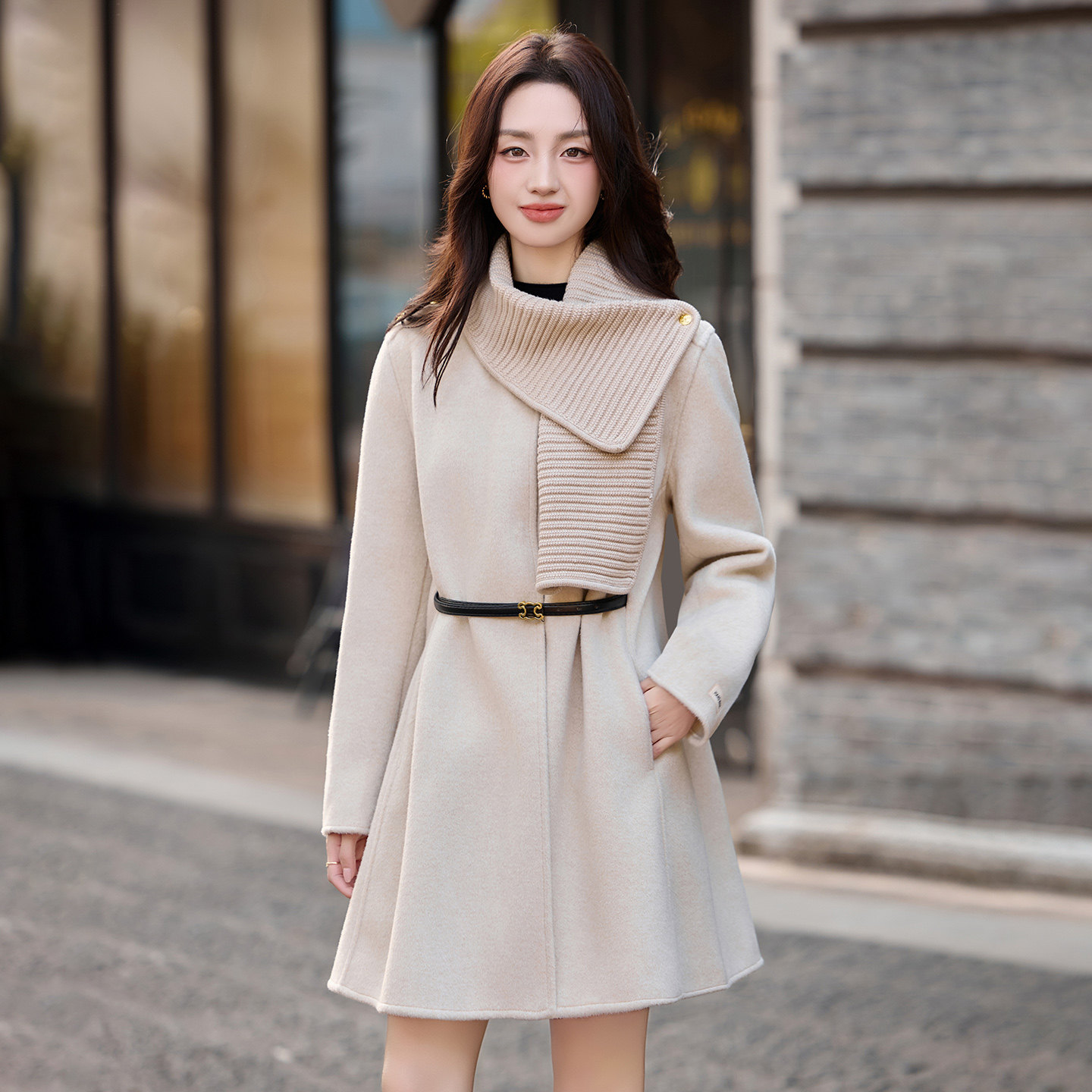 实拍高品质双面羊毛大衣2025秋冬新款小香风围巾赫本风毛呢外套