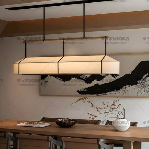 新中式餐厅吊灯日式创意吧台禅意茶室民宿酒店收银岛台长条布艺灯
