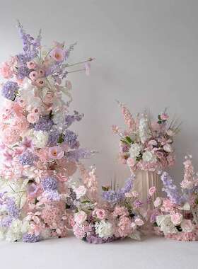 甜美粉紫色婚礼装饰直立拱门花艺 KT板背景布置仿真假花地排花