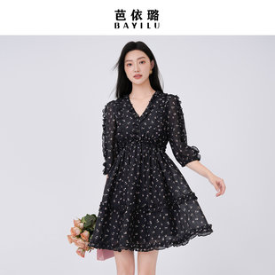 芭依璐连衣裙2026春装新款七分袖透气收腰法式雪纺黑色修身长裙女