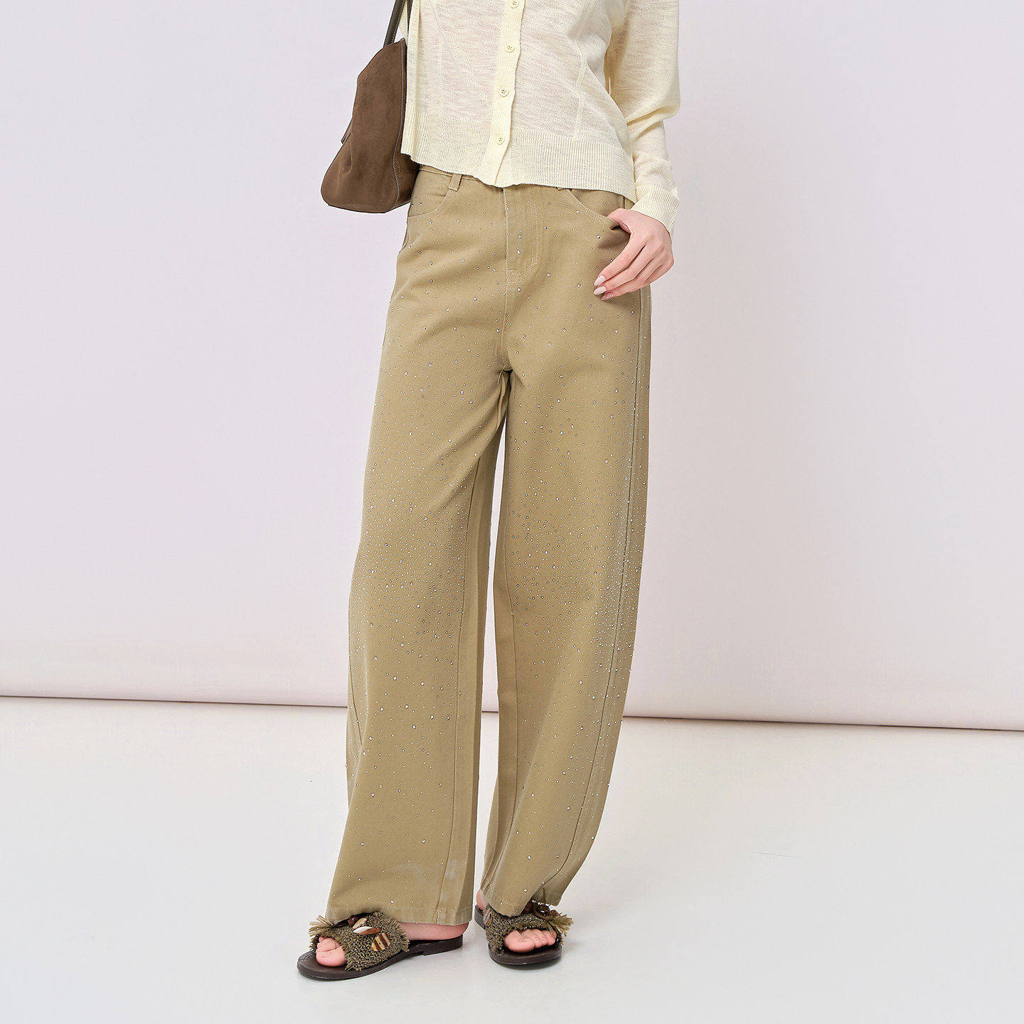 芭依璐2026夏款新款卡其色阔腿裤女感弯刀高个子窄版直筒裤女装