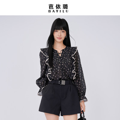 显瘦设计感袖女荷叶边女上衣百搭